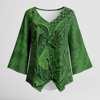 Hawaiian Whales Polynesian Art Motifs Kimono Sleeve Blouse Green Color - Polynesian Pride