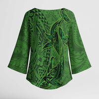 Hawaiian Whales Polynesian Art Motifs Kimono Sleeve Blouse Green Color - Polynesian Pride
