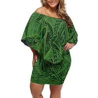 Hawaiian Whales Polynesian Art Motifs Off Shoulder Short Dress Green Color - Polynesian Pride