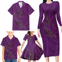 Hawaiian Whales Polynesian Art Motifs Family Matching Long Sleeve Bodycon Dress and Hawaiian Shirt Purple Color LT03 - Polynesian Pride