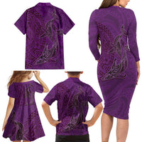 Hawaiian Whales Polynesian Art Motifs Family Matching Long Sleeve Bodycon Dress and Hawaiian Shirt Purple Color LT03 - Polynesian Pride