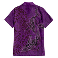 Hawaiian Whales Polynesian Art Motifs Family Matching Long Sleeve Bodycon Dress and Hawaiian Shirt Purple Color LT03 - Polynesian Pride