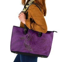 Hawaiian Whales Polynesian Art Motifs Leather Tote Bag Purple Color - Polynesian Pride