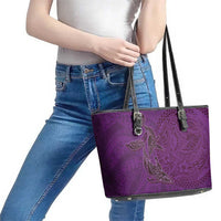 Hawaiian Whales Polynesian Art Motifs Leather Tote Bag Purple Color - Polynesian Pride