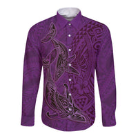 Hawaiian Whales Polynesian Art Motifs Long Sleeve Button Shirt Purple Color - Polynesian Pride
