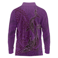 Hawaiian Whales Polynesian Art Motifs Long Sleeve Polo Shirt Purple Color - Polynesian Pride