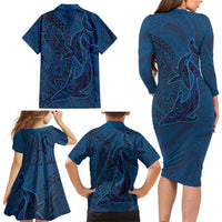 Hawaiian Whales Polynesian Art Motifs Family Matching Long Sleeve Bodycon Dress and Hawaiian Shirt Blue Color LT03 - Polynesian Pride