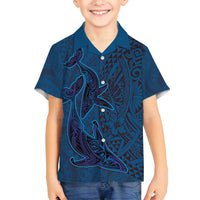 Hawaiian Whales Polynesian Art Motifs Family Matching Long Sleeve Bodycon Dress and Hawaiian Shirt Blue Color LT03 Son's Shirt Blue - Polynesian Pride