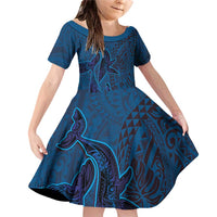 Hawaiian Whales Polynesian Art Motifs Family Matching Off Shoulder Short Dress and Hawaiian Shirt Blue Color - Polynesian Pride