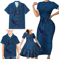 Hawaiian Whales Polynesian Art Motifs Family Matching Short Sleeve Bodycon Dress and Hawaiian Shirt Blue Color - Polynesian Pride