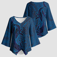 Hawaiian Whales Polynesian Art Motifs Kimono Sleeve Blouse Blue Color - Polynesian Pride