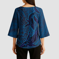 Hawaiian Whales Polynesian Art Motifs Kimono Sleeve Blouse Blue Color - Polynesian Pride
