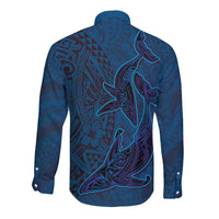 Hawaiian Whales Polynesian Art Motifs Long Sleeve Button Shirt Blue Color - Polynesian Pride