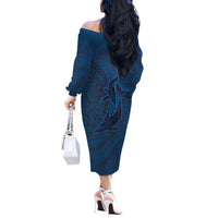Hawaiian Whales Polynesian Art Motifs Off The Shoulder Long Sleeve Dress Blue Color - Polynesian Pride