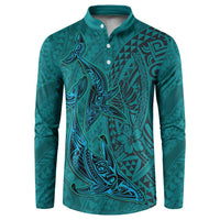 Hawaiian Whales Polynesian Art Motifs Button Sweatshirt Turquoise Color - Polynesian Pride