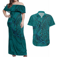 Hawaiian Whales Polynesian Art Motifs Couples Matching Off Shoulder Maxi Dress and Hawaiian Shirt Turquoise Color - Polynesian Pride