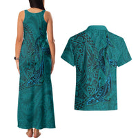 Hawaiian Whales Polynesian Art Motifs Couples Matching Tank Maxi Dress and Hawaiian Shirt Turquoise Color - Polynesian Pride