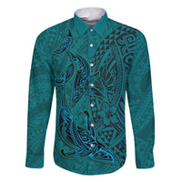Hawaiian Whales Polynesian Art Motifs Family Matching Long Sleeve Bodycon Dress and Hawaiian Shirt Turquoise Color LT03 Dad's Shirt - Long Sleeve Turquoise - Polynesian Pride