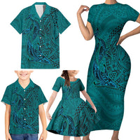 Hawaiian Whales Polynesian Art Motifs Family Matching Short Sleeve Bodycon Dress and Hawaiian Shirt Turquoise Color - Polynesian Pride