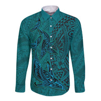 Hawaiian Whales Polynesian Art Motifs Long Sleeve Button Shirt Turquoise Color - Polynesian Pride