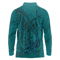Hawaiian Whales Polynesian Art Motifs Long Sleeve Polo Shirt Turquoise Color - Polynesian Pride