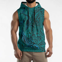 Hawaiian Whales Polynesian Art Motifs Sleeveless Hoodie Turquoise Color - Polynesian Pride