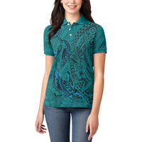 Hawaiian Whales Polynesian Art Motifs Women Polo Shirt Turquoise Color - Polynesian Pride