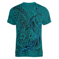 Hawaiian Whales Polynesian Art Motifs Women V-Neck T-Shirt Turquoise Color - Polynesian Pride