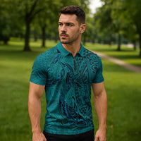 Hawaiian Whales Polynesian Art Motifs Zipper Polo Shirt Turquoise Color - Polynesian Pride