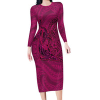 Hawaiian Whales Polynesian Art Motifs Family Matching Long Sleeve Bodycon Dress and Hawaiian Shirt Pink Color LT03 Mom's Dress Pink - Polynesian Pride