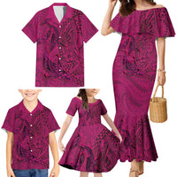 Hawaiian Whales Polynesian Art Motifs Family Matching Mermaid Dress and Hawaiian Shirt Pink Color - Polynesian Pride