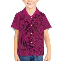 Hawaiian Whales Polynesian Art Motifs Family Matching Off The Shoulder Long Sleeve Dress and Hawaiian Shirt Pink Color - Polynesian Pride