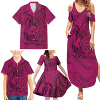 Hawaiian Whales Polynesian Art Motifs Family Matching Summer Maxi Dress and Hawaiian Shirt Pink Color - Polynesian Pride