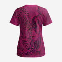 Hawaiian Whales Polynesian Art Motifs Scrub Top Pink Color - Polynesian Pride