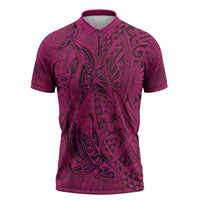 Hawaiian Whales Polynesian Art Motifs Zipper Polo Shirt Pink Color - Polynesian Pride