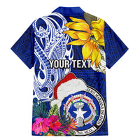 Custom Northern Mariana Islands Christmas Family Matching Mermaid Dress and Hawaiian Shirt Funny Santa Hug Latte Stone Ylang-ylang and Polynesia Pattern Blue LT03 - Polynesian Pride