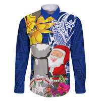 Custom Northern Mariana Islands Christmas Family Matching Off Shoulder Long Sleeve Dress and Hawaiian Shirt Funny Santa Hug Latte Stone Ylang-ylang and Polynesia Pattern Blue LT03 Dad's Shirt - Long Sleeve Blue - Polynesian Pride