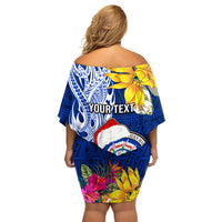 Custom Northern Mariana Islands Christmas Family Matching Off Shoulder Short Dress and Hawaiian Shirt Funny Santa Hug Latte Stone Ylang-ylang and Polynesia Pattern Blue LT03 - Polynesian Pride