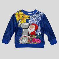 Custom Northern Mariana Islands Christmas Kid Ugly Christmas Sweater Funny Santa Hug Latte Stone Ylang-ylang and Polynesia Pattern Blue LT03 Kid Blue - Polynesian Pride