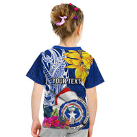 Custom Northern Mariana Islands Christmas Kid T Shirt Funny Santa Hug Latte Stone Ylang-ylang and Polynesia Pattern Blue LT03 - Polynesian Pride