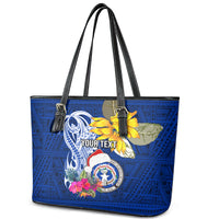 Custom Northern Mariana Islands Christmas Leather Tote Bag Funny Santa Hug Latte Stone Ylang-ylang and Polynesia Pattern Blue LT03 - Polynesian Pride