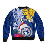 Custom Northern Mariana Islands Christmas Sleeve Zip Bomber Jacket Funny Santa Hug Latte Stone Ylang-ylang and Polynesia Pattern Blue LT03 - Polynesian Pride
