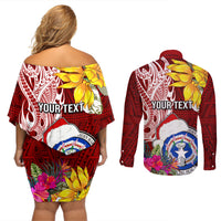 Custom Northern Mariana Islands Christmas Couples Matching Off Shoulder Short Dress and Long Sleeve Button Shirt Funny Santa Hug Latte Stone Ylang-ylang and Polynesia Pattern Red LT03 - Polynesian Pride