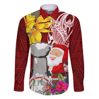 Custom Northern Mariana Islands Christmas Family Matching Long Sleeve Bodycon Dress and Hawaiian Shirt Funny Santa Hug Latte Stone Ylang-ylang and Polynesia Pattern Red LT03 Dad's Shirt - Long Sleeve Red - Polynesian Pride
