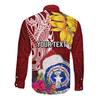 Custom Northern Mariana Islands Christmas Long Sleeve Button Shirt Funny Santa Hug Latte Stone Ylang-ylang and Polynesia Pattern Red LT03 - Polynesian Pride