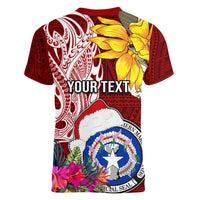 Custom Northern Mariana Islands Christmas Women V Neck T Shirt Funny Santa Hug Latte Stone Ylang-ylang and Polynesia Pattern Red LT03 - Polynesian Pride