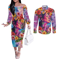 Polynesian Women Couples Matching Off The Shoulder Long Sleeve Dress and Long Sleeve Button Shirt Tropical Plant - Vibrant Surreal Dreamscape Vibe LT03 Pink-Purple - Polynesian Pride