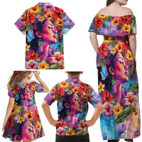 Polynesian Women Family Matching Off Shoulder Maxi Dress and Hawaiian Shirt Tropical Plant - Vibrant Surreal Dreamscape Vibe