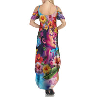 Polynesian Women Summer Maxi Dress Tropical Plant - Vibrant Surreal Dreamscape Vibe