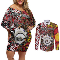 Personalised Aotearoa and Australia Together Couples Matching Off Shoulder Short Dress and Long Sleeve Button Shirt Koru and Kangaroo - Taniko with Aboriginal Motif LT03 Black - Polynesian Pride